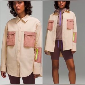 Lululemon Grid Fleece Hiking Overshirt Womens Size 2 Khaki W Pockets Zip